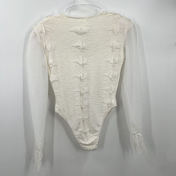 VTG Bhatti France Lace Ruffle Bodysuit Shoulder Pads Victorian S/M Classy - Picture 12 of 16